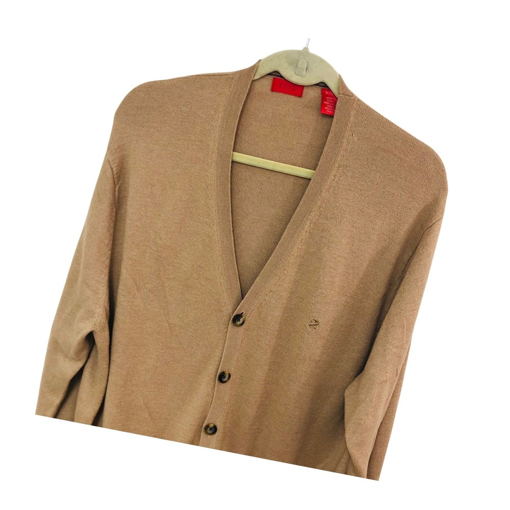 IZOD Cardigan Sweater Mens XL Camel Tan Cotton Acrylic Golf Preppy Golf Grandpa